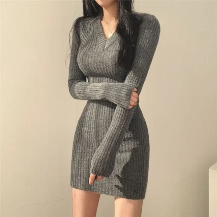 Women Fashion Sexy Solid Color V-Neck Thread Knitted Long Sleeve Dress - Image 7