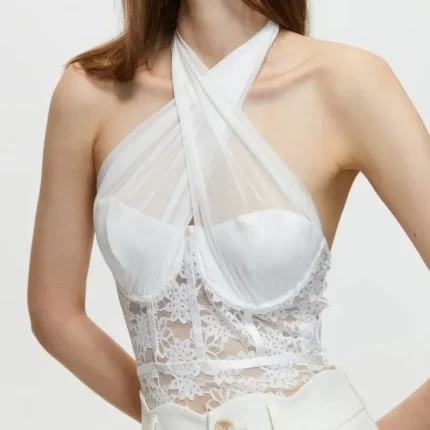 Women Fashion Sexy Lace Perspective Halter Neck Bodysuits - Image 4