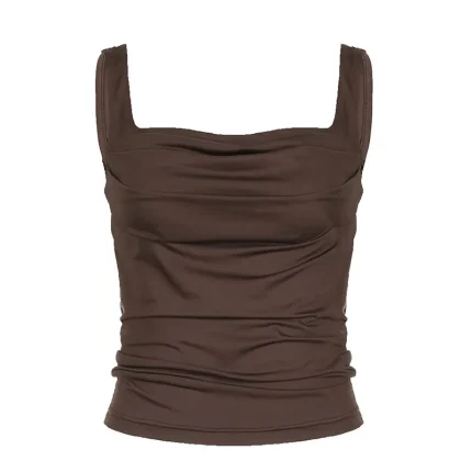 Women Fashion Solid Color Square Collar Creased Crop Top Camisole - Image 5