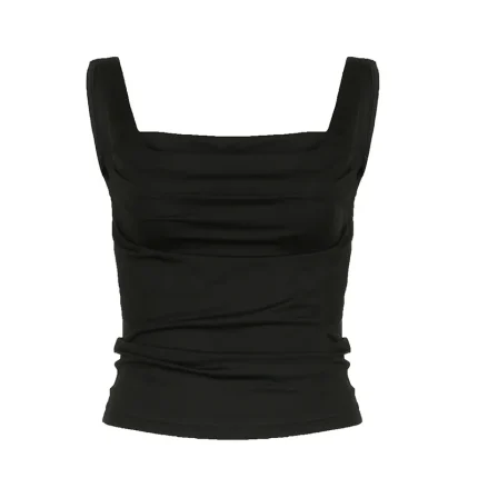 Women Fashion Solid Color Square Collar Creased Crop Top Camisole - Image 6