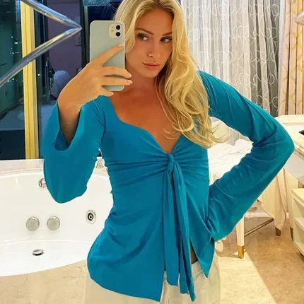 Women Fashion Solid Color Kink Horn Sleeve Split Crop Top - Image 4