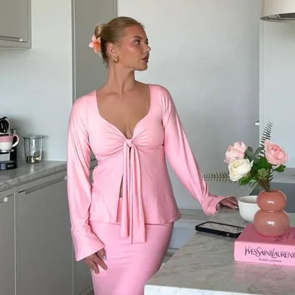 Women Fashion Solid Color Kink Horn Sleeve Split Crop Top - Image 5