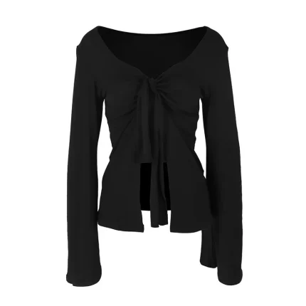 Women Fashion Solid Color Kink Horn Sleeve Split Crop Top - Image 6