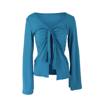 Women Fashion Solid Color Kink Horn Sleeve Split Crop Top - Image 7