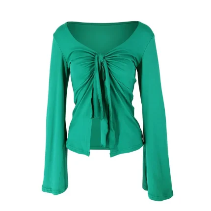 Women Fashion Solid Color Kink Horn Sleeve Split Crop Top - Image 8