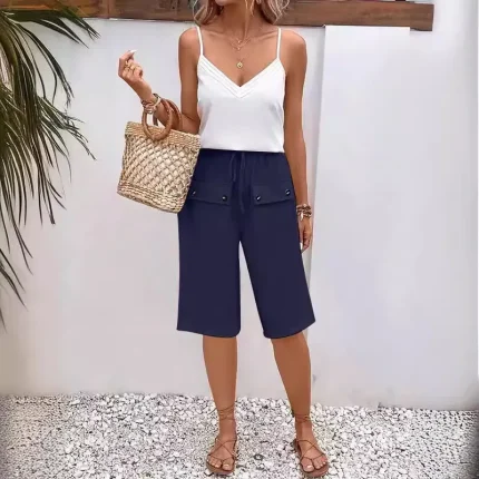 Summer Women Casual Loose Drawstring Lace-Up Button Shorts - Image 4