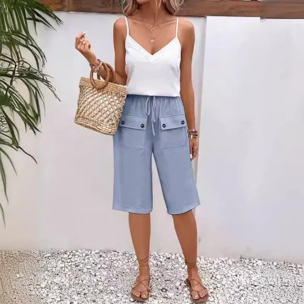 Summer Women Casual Loose Drawstring Lace-Up Button Shorts - Image 5