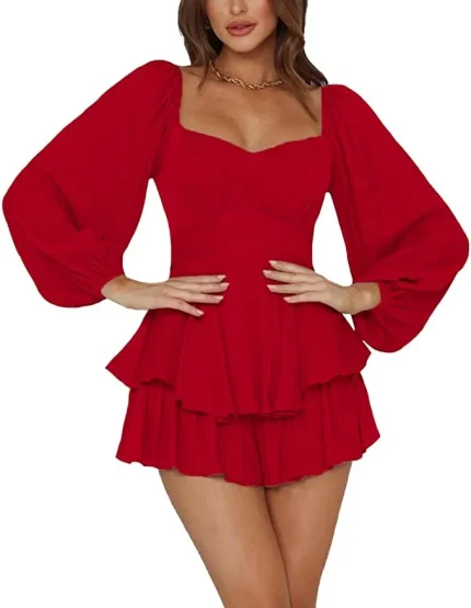 Summer Women Fashion Solid Color Ruffled Square Collar Long Sleeve Rompers - Image 4