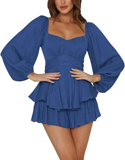 Summer Women Fashion Solid Color Ruffled Square Collar Long Sleeve Rompers - Image 7