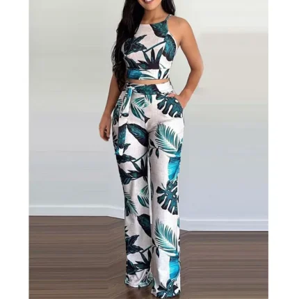 Summer Women Fashion Sexy Floral Printed Sleeveless Top Pants Two-Piece Set - Image 4