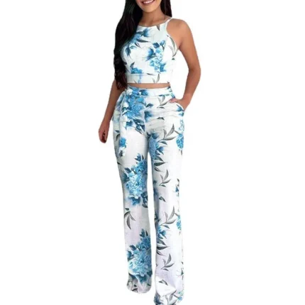 Summer Women Fashion Sexy Floral Printed Sleeveless Top Pants Two-Piece Set - Image 6