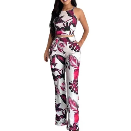 Summer Women Fashion Sexy Floral Printed Sleeveless Top Pants Two-Piece Set - Image 8