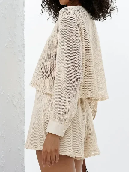 Women Fashion Mesh V-Neck Long Sleeve Top Shorts Two-Piece Set - Image 3