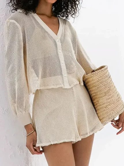 Women Fashion Mesh V-Neck Long Sleeve Top Shorts Two-Piece Set - Image 4