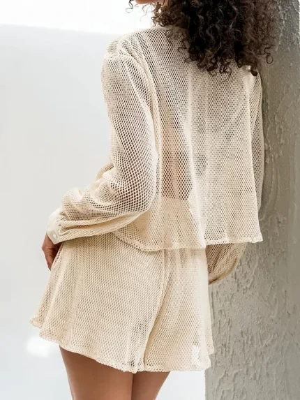 Women Fashion Mesh V-Neck Long Sleeve Top Shorts Two-Piece Set - Image 5