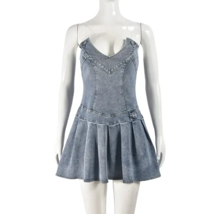Summer Women Fashion Sexy V-Neck Tube Top Pleated Denim Dress - Image 5