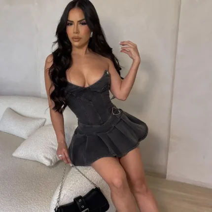 Summer Women Fashion Sexy V-Neck Tube Top Pleated Denim Dress - Image 6