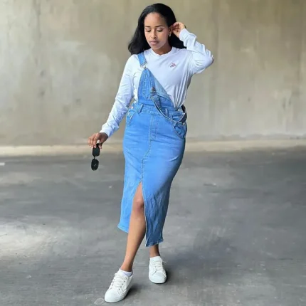 Women Fashion Large Pocket Split Denim Dress - Image 3