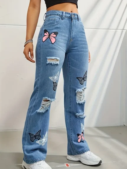 Women Fashion Butterfly Print Ripped Straight Jeans - Image 3