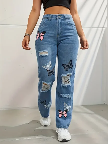 Women Fashion Butterfly Print Ripped Straight Jeans - Image 5