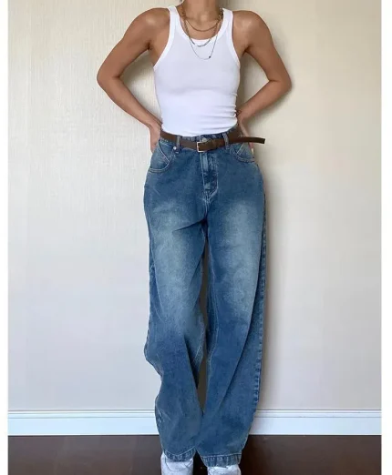 Women Retro Loose High Waist Straight Jeans - Image 5