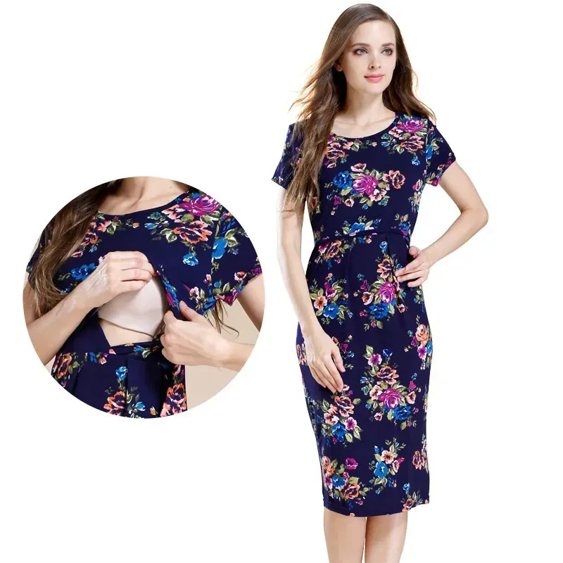 T103D10B38B_31195.webp Summer Pregnant Women Fashion Casual Floral Printed Short Sleeve Breastfeeding Dress - Image 1