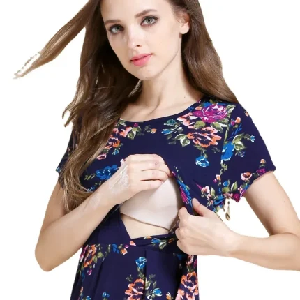 Summer Pregnant Women Fashion Casual Floral Printed Short Sleeve Breastfeeding Dress - Image 3