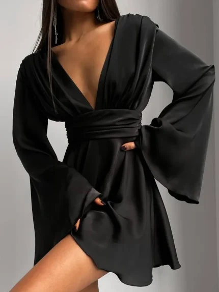 Women Fashion Sexy Deep V Acetic Satin Flare Sleeve Slim Fit Dress - Image 3