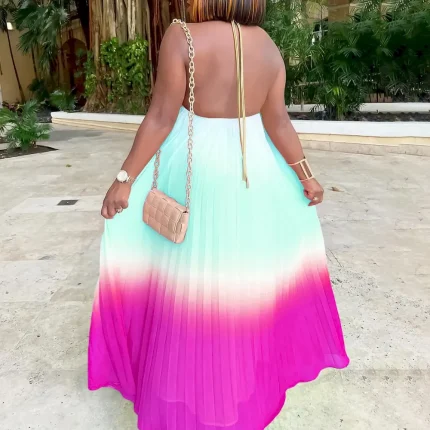 Women Fashion Sexy Halter Neck Backless Gradient Pleated Dress - Image 5