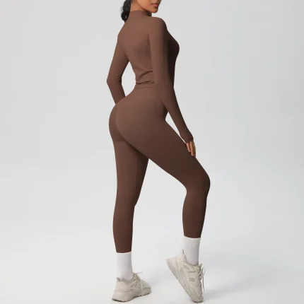 Women Yoga Solid Color Long Sleeve Top Sports Two-Piece Set - Image 3