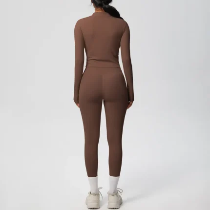 Women Yoga Solid Color Long Sleeve Top Sports Two-Piece Set - Image 4