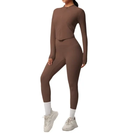 Women Yoga Solid Color Long Sleeve Top Sports Two-Piece Set - Image 5