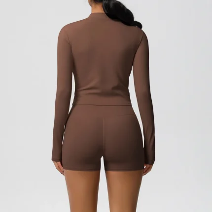 Women Yoga Solid Color Long Sleeve Top And Shorts Sport Two-Piece Set - Image 3