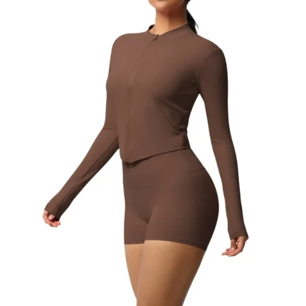 Women Yoga Solid Color Long Sleeve Top And Shorts Sport Two-Piece Set - Image 4