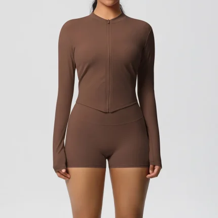 Women Yoga Solid Color Long Sleeve Top And Shorts Sport Two-Piece Set - Image 5