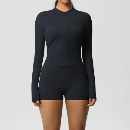 Women Yoga Solid Color Long Sleeve Top And Shorts Sport Two-Piece Set - Image 6