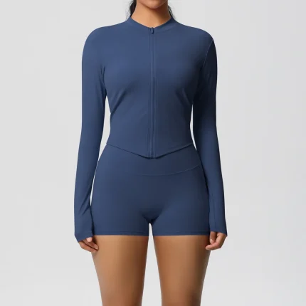 Women Yoga Solid Color Long Sleeve Top And Shorts Sport Two-Piece Set - Image 7