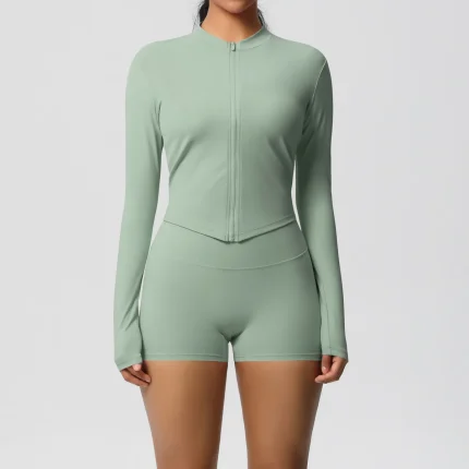 Women Yoga Solid Color Long Sleeve Top And Shorts Sport Two-Piece Set - Image 8