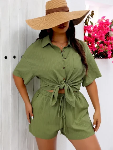 Women Casual Plus Size Lapel Short-Sleeved Blouse Wide-Leg Shorts Two-Piece Set - Image 3