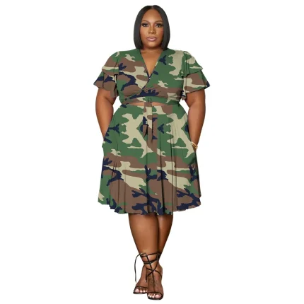 Women Fashion Casual Printed Plus Size V-Neck Ruffle Sleeve Lace-Up Crop Top Skirt Pocket Two-Piece Set - Image 4