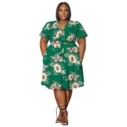 Women Fashion Casual Printed Plus Size V-Neck Ruffle Sleeve Lace-Up Crop Top Skirt Pocket Two-Piece Set - Image 6