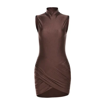 Women Fashion Sexy Solid Color Tight High Neck Sleeveless Pleated Dress - Image 5