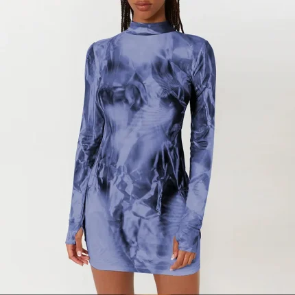 Women Fashion Sexy Prined Round Neck Long Sleeve Slim-Fit Dress - Image 3
