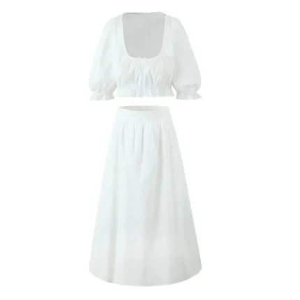 Women Summer Vacation Crop Top Long Skirt White Set - Image 7