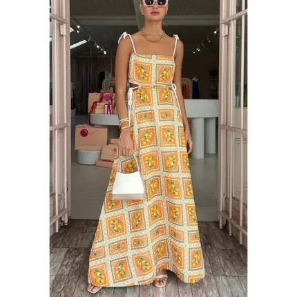 Women Fashion Casual Vacation Printed Hollow-Out Spaghetti Strap Drawstring Loose Dress - Image 5