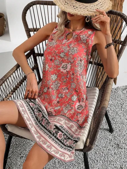 Women Fashion Casual Boho Flower Printed Sleeveless Loose Dress - Image 3