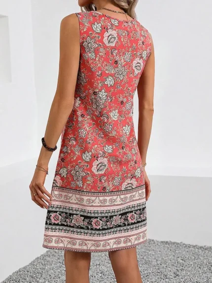 Women Fashion Casual Boho Flower Printed Sleeveless Loose Dress - Image 4