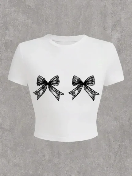 Women Fashion Casual Printed Round Neck Short Sleeve Tight Crop Top - Image 3