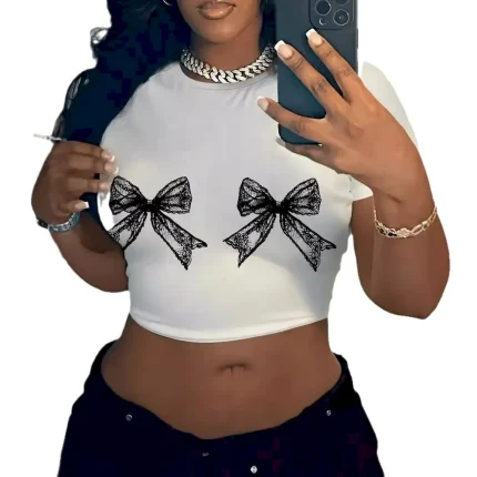 Women Fashion Casual Printed Round Neck Short Sleeve Tight Crop Top - Image 5