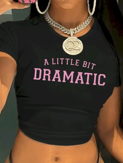 Women Fashion Casual Printed Round Neck Short Sleeve Tight Crop Top - Image 6